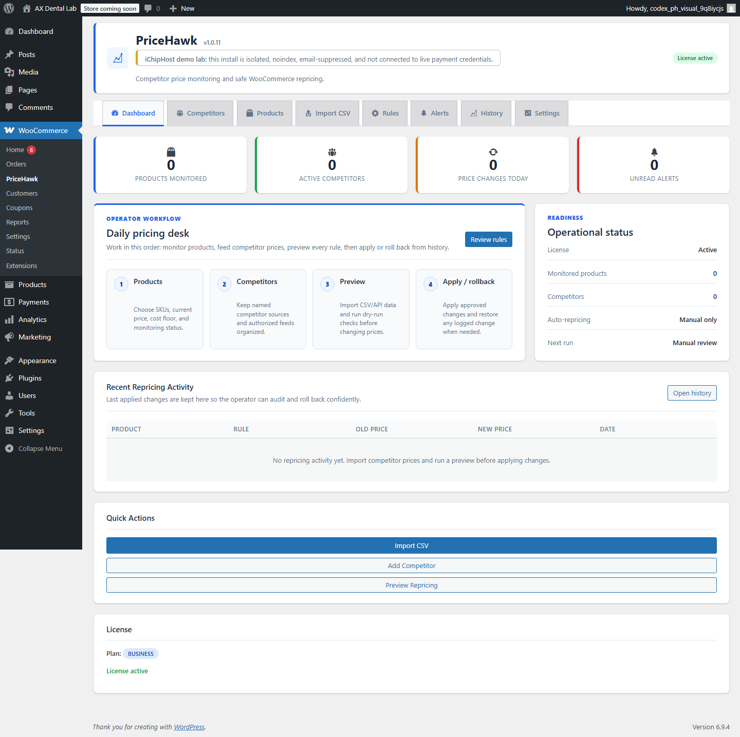 Πραγματικό screenshot από το PriceHawk WooCommerce admin screen