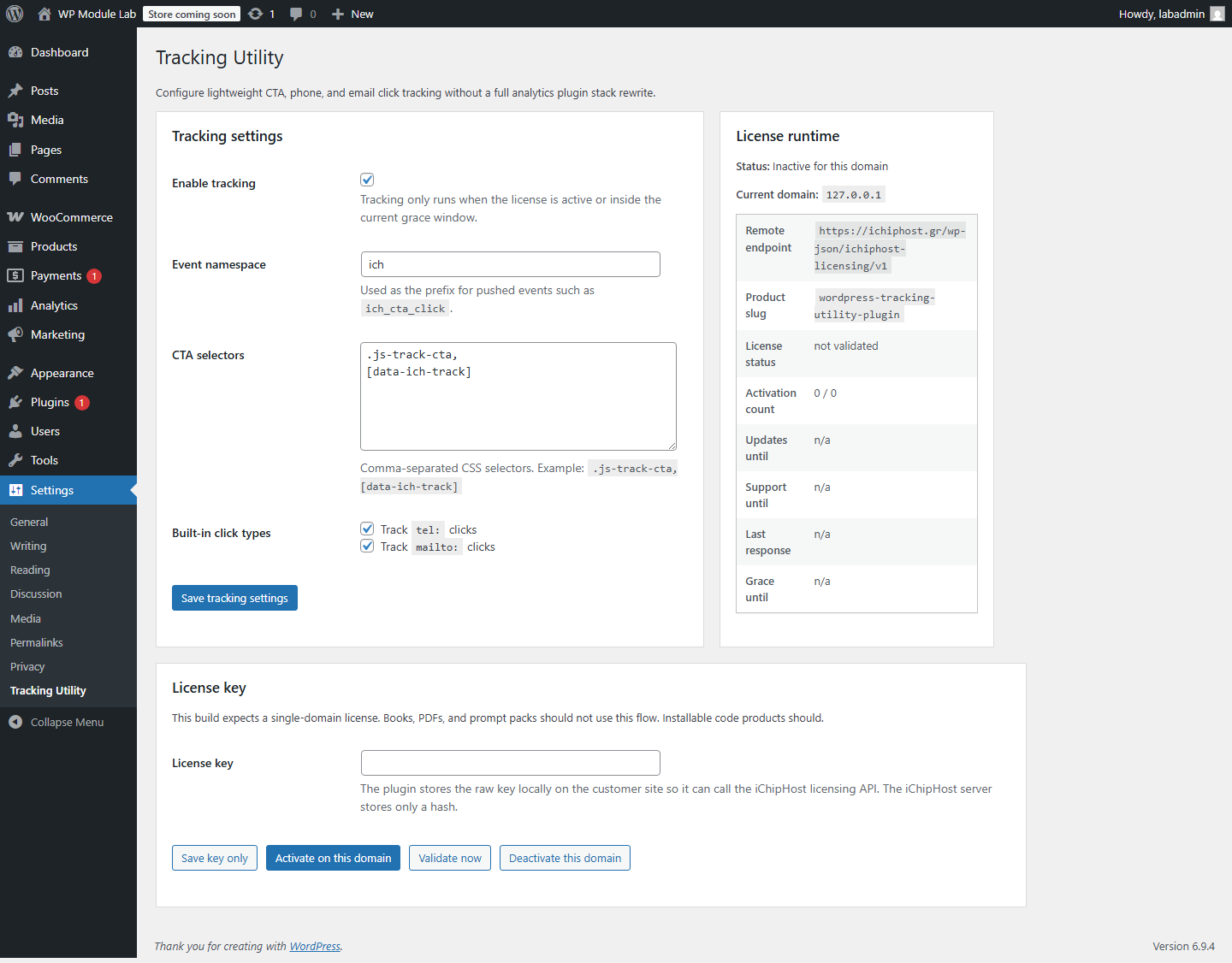Πραγματικό screenshot από το WordPress Tracking Utility settings screen
