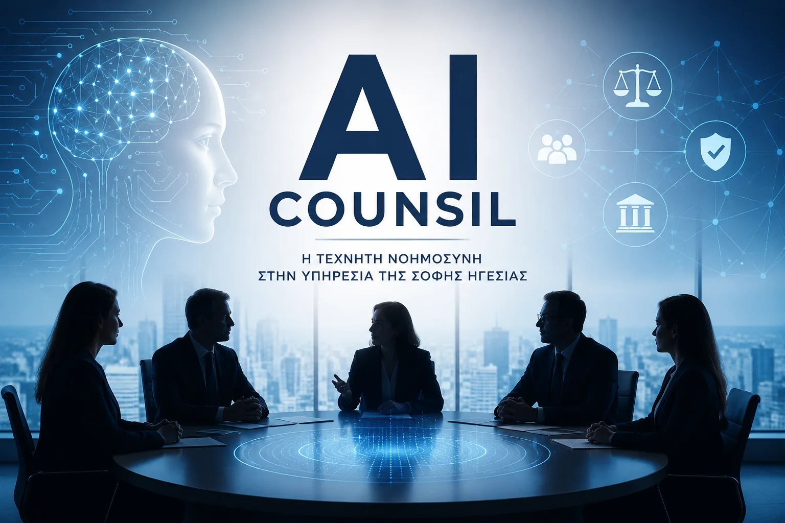 AI Council visual με συμβούλιο στελεχών, εγκέφαλο τεχνητής νοημοσύνης και εικονίδια governance