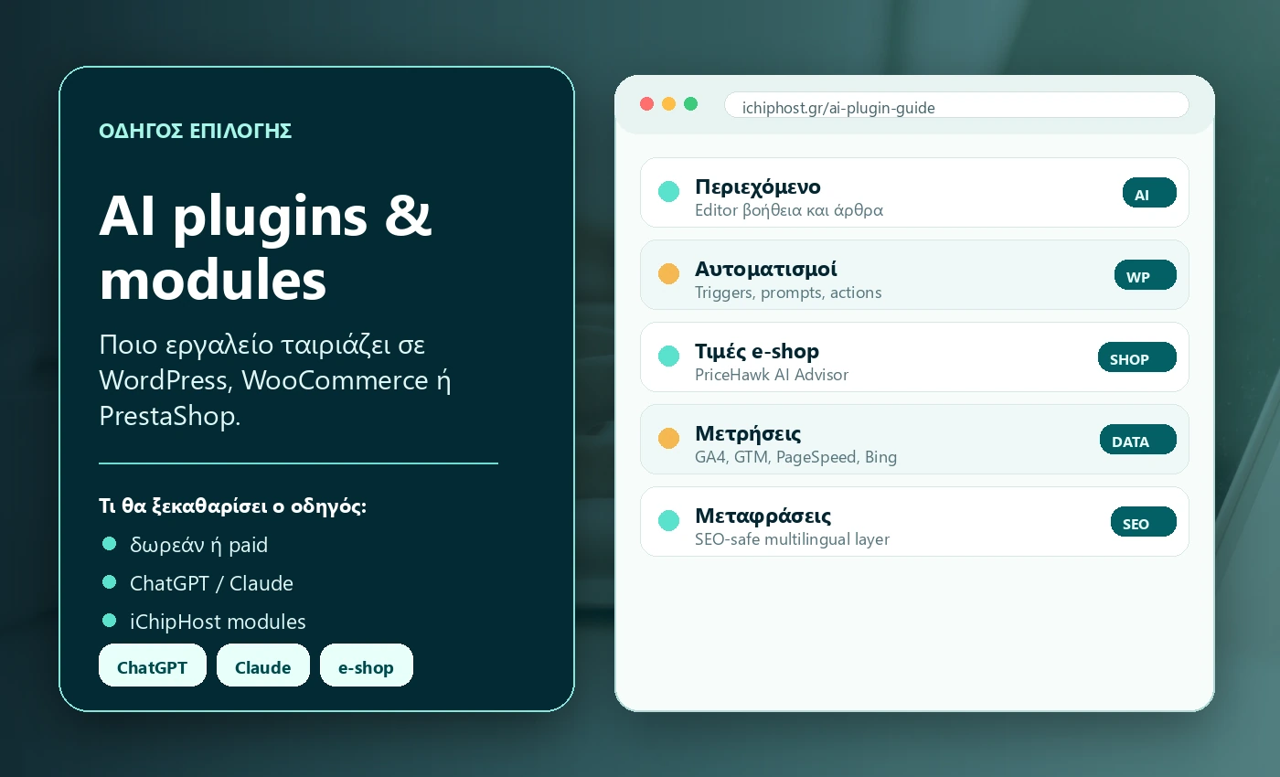 Οδηγός επιλογής AI plugins και modules με ChatGPT, Claude, WordPress και e-shop εργαλεία